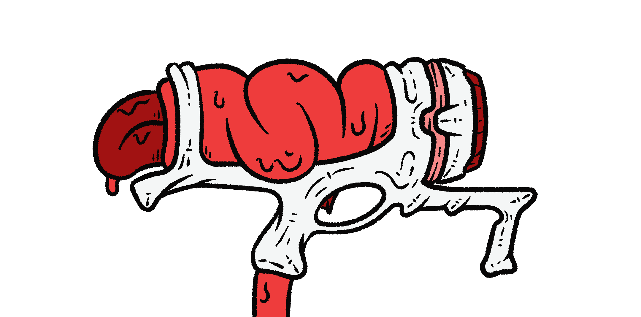 Illustration of a rocket launcher made from flesh and bone. The bone provides structure, while the intestine is fit through the bottom of the bony grip and spills out the back. Pink flesh is stretched to form the barrel, which terminates in a blunt bony shield.